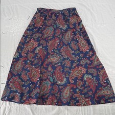 Paisley Print Skirt Wm 12 Vintage Blue Red Pull On Elastic Waist Midi 90s