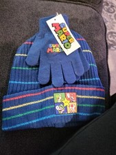 Super Mario Ribbed Knit Youth Beanie and Gloves Set Blue NWT