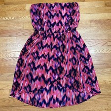 Express Strapless Dress Womens Medium Pink Blue Ikat Print Tulip Hem Boho Summer