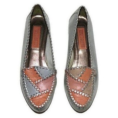 Mixed Blues Patchwork Loafers Women 6M Metallic Silver Whipstitch Flat Slip On