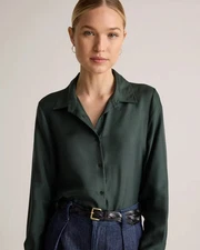 Quince 100% Silk Twill Blouse M Forest Green $169