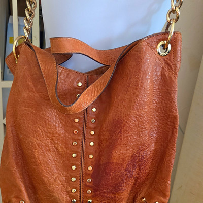 MICHAEL Michael Kors Brown Pebbled Studded Shoulder Bag Gold Zip Large