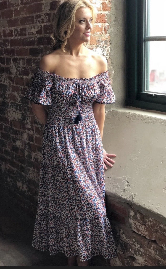 New Tory Burch Wildflower Off Shoulder Smocked Floral Boho Midi Dress S/P $498 thumbnail 3