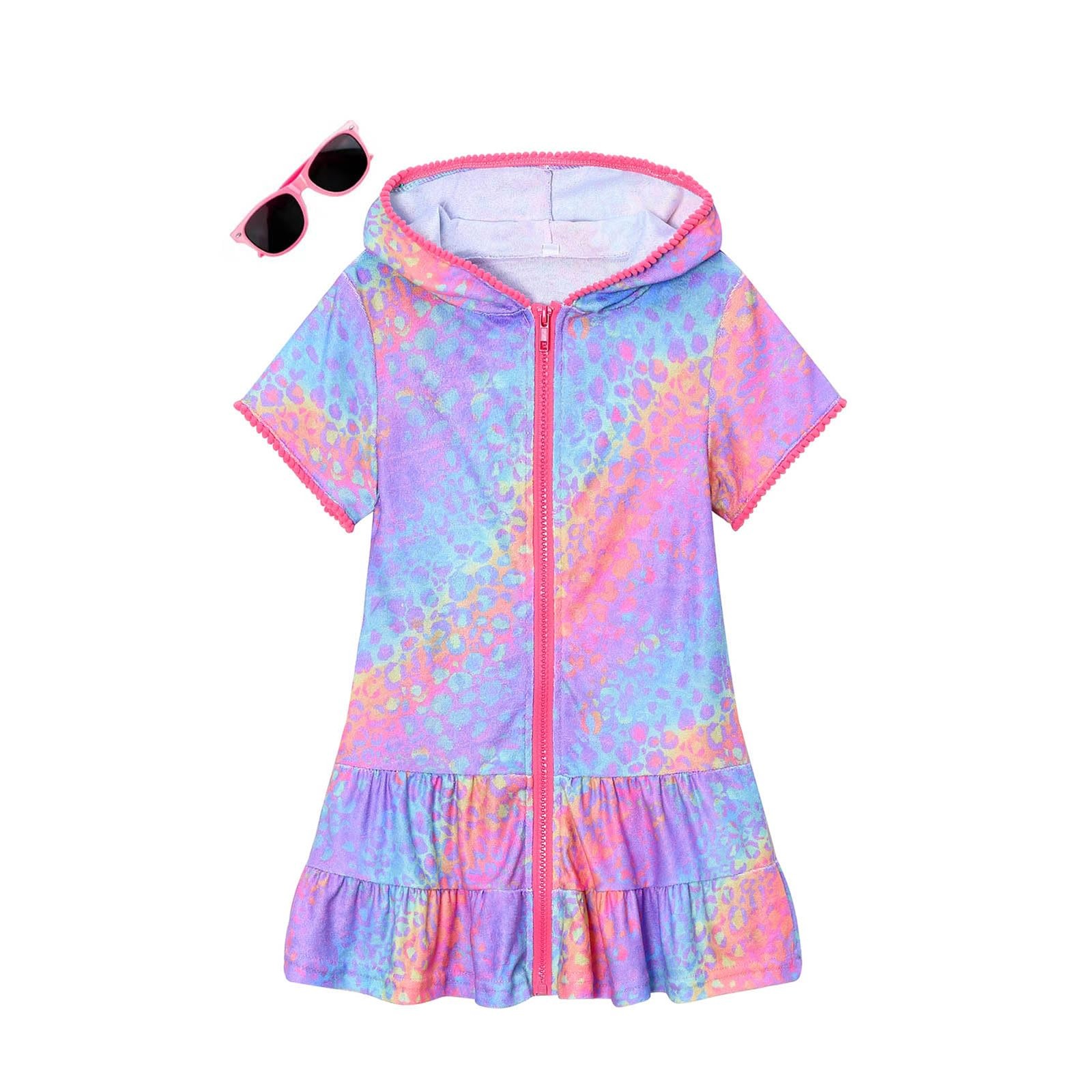 LUCKYGAL Girls Swim Coverup Kids Beach Rainbow Leopard Cover up Terry Pool Co...