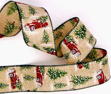 Christmas Red Truck 2.5" by 2 yd Wired Ribbon Glittered Snow  Trees Winter