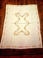 Vintage Cross Stitch Linen Tablecloth 56" X 72" Orange/Brown/FALL Signed