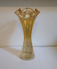 Zorza Poland Ruffled Art Glass Vase w/Tag-Amber w/Irredescence 14" Tall X 7.25 