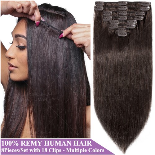 S-noilite Clip In Remy Human Hair Extensions Full Head Weave Grey Straight THICK - Picture 2 of 34