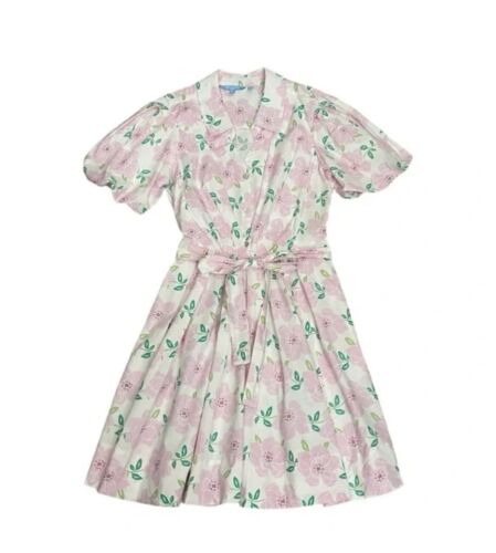 Draper James RSVP Puff Sleeve Shirt Dress Pink Floral Size Large L Tie Waist - Picture 3 of 12