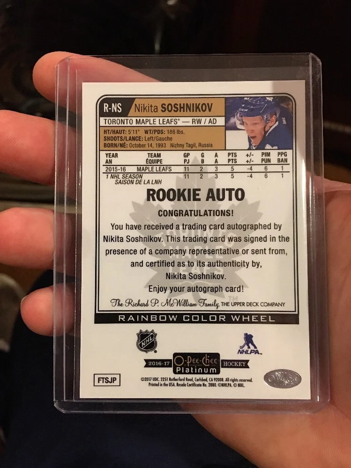 2016-17 Upper Deck O-Pee-Chee Platinum Rainbow Color Wheel Auto Nikita Soshnikov - Image 2 of 2