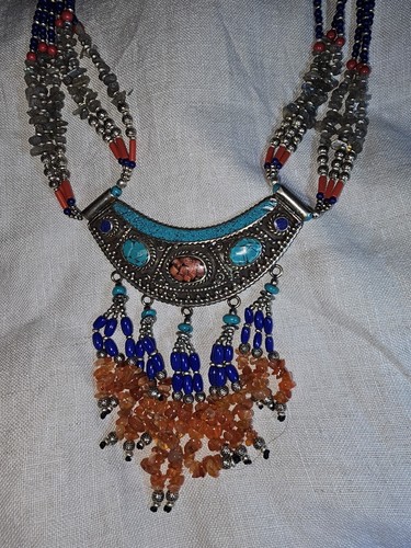 New Tibetan Turquoise Coral Lapis Amber Ethnic Boho Statement Necklace 15-1/2in - Picture 2 of 9