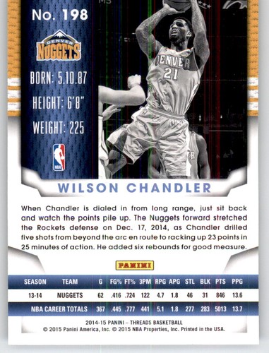 2014-15 Threads Wilson Chandler NBA PWE pepitas de tarjetas base #198 - Imagen 2 de 2