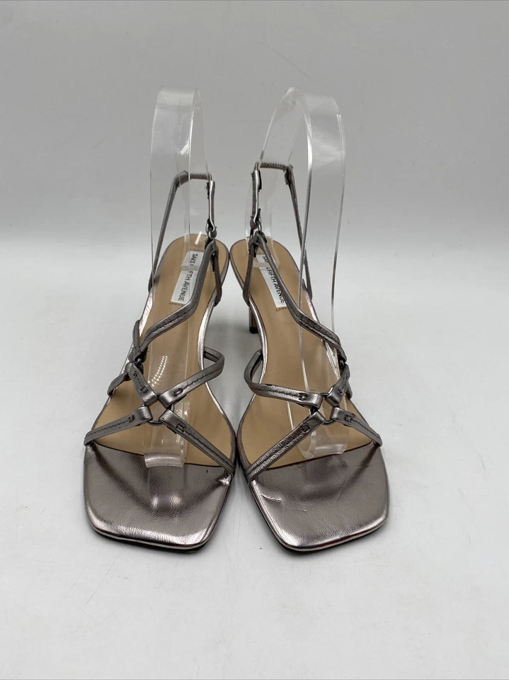 Saks Fifth Avenue ROSALINDA Silver Leather High Heel Slingback Sandals Size 6.5M - Image 2 of 4