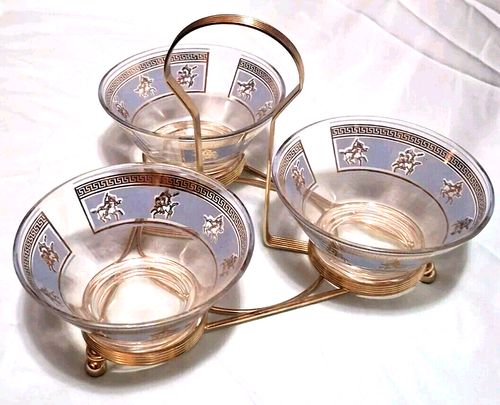 VTG Libbey Greek Centaur Serving Caddy Set Signed G. Reeves Blue & Gold - Picture 2 of 7