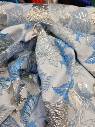 Fabric By The Yard Jacquard Brocade Blue Silver Mapple Leaves Metallic Textured