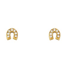 Real 14k Yellow Gold CZ Horse Shoe Lucky Screw Back Studs Earrings
