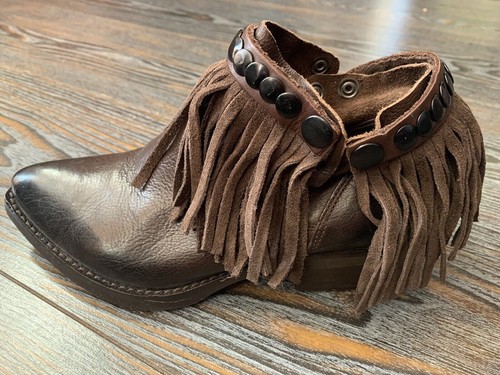 Botas Marrones de Cuero Vaquero Occidentales al Tobillo con Flecos~EU 36/US 5~Hechas en Italia - Imagen 8 de 9