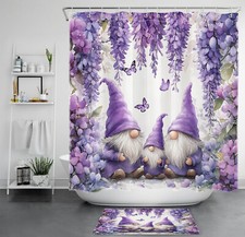 Butterfly Purple Floral Spring Gnome Shower Curtain Bathroom Accessories Set