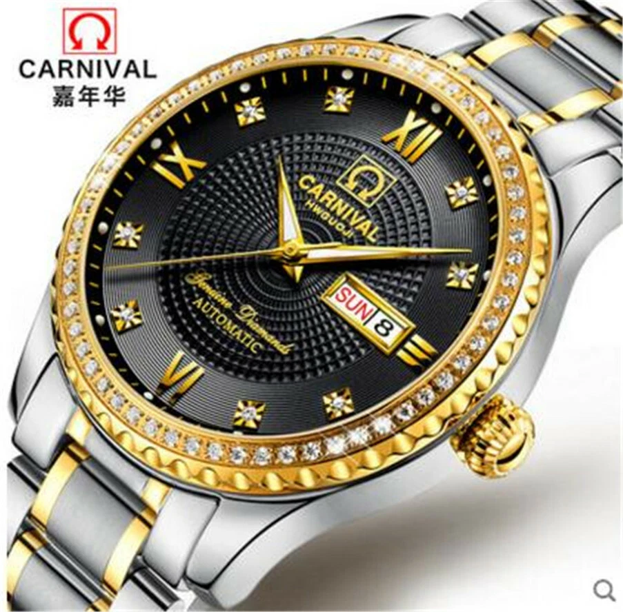 Reloj automático mecánico Carnival para hombre chapado en oro 25 joyas día lujo Foto 4 de 4