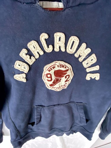 Abercrombie Hoodie Kids XL Navy Blue Spellout New York #92 Embroidered Pullover - Picture 2 of 8
