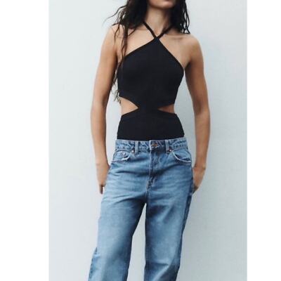 ZARA ポリアミドシャーリングバンドゥボディ 1026/302 Zara Cut Out Halter Bodysuit in Black. NWT. Size Large. | eBay