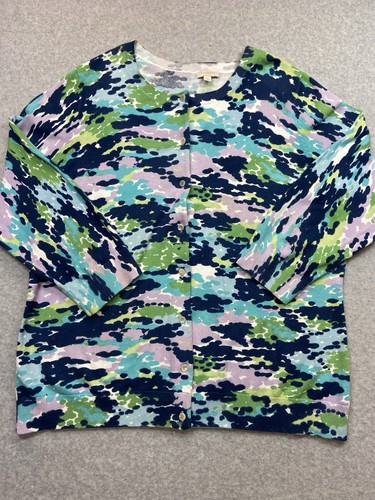 Talbots Sweater Womens Size Large Blue Green Camo Cardigan Soft Casual Work