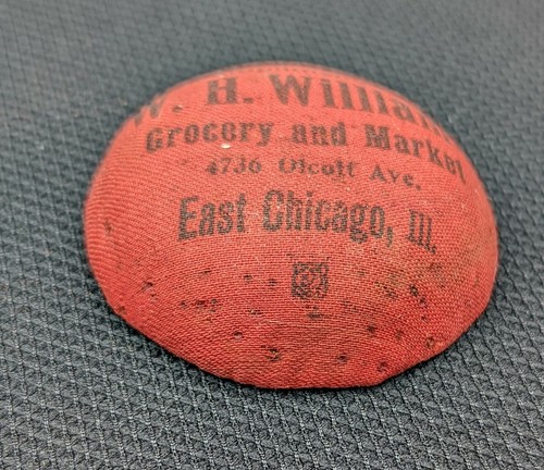 Antiguo alfiler publicitario cojín mercado de comestibles Olcott Ave este de Chicago costura - Imagen 2 de 3