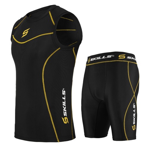 Men's Compression Armor Base Layer Top Running Sleeveless Sports Shirt & Shorts - Picture 21 of 27
