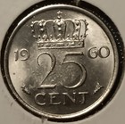 1960 Netherlands 25 Cents, UNC, Bright Lustrous Coin — photo 2