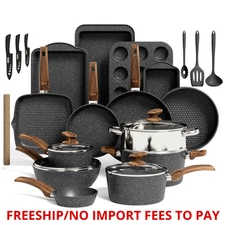 Kitchen Induction Cookware & Bakeware Set - 30 Piece Black Granite Cooking Pans