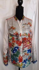 Johnny Was Amelia Silk Top Sz S Bird Botanical Print Orange Piping Wearable Art
