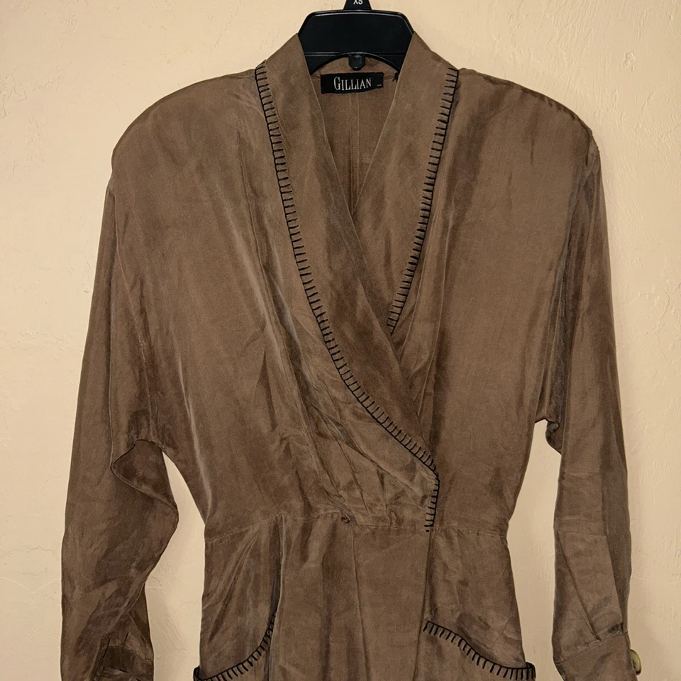 Vintage St. Gillian Size 6 100% Silk Dress Brown Stitch Shoulder Pads Pockets - Image 2 of 4