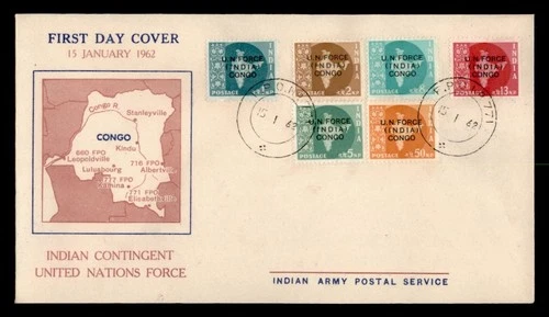 DR WHO 1962 INDIA FDC UN FORCE CONGO OVPT COMBO w30783