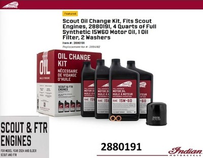 Indian Motorcycle 2024 & Prior Scout/FTR  15W-60 Full Syn Oil Change Kit 2880191