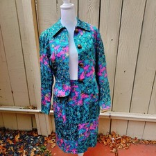 Vintage Anne Crimmins for Umi Collections Silk Skirt Suit Turquoise Pink 80s