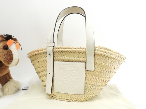 Loewe Small Basket Bag Natural White Palm Leaf Leather Tote Handbag Rare japan