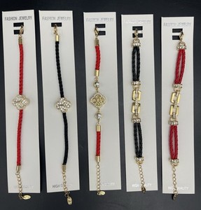 Authentic Braided Red & Black Rope Bracelets Gold Plated with Rhinestones Charms Lot of 5
