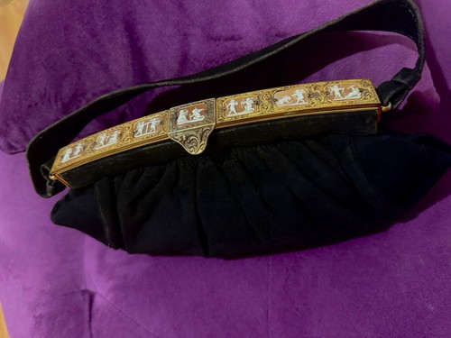 Vintage Charles Blair Black Fabric Miniature Greek Art Top Handle Purse Bag - Picture 5 of 6