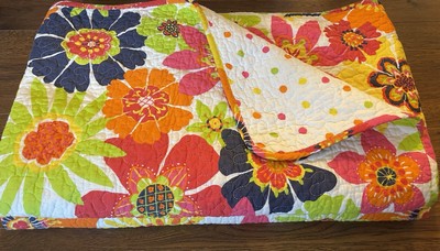 Cynthia Rowley TWIN Quilt  68'' x 86  Bright Pink Orange Green Flower EUC  