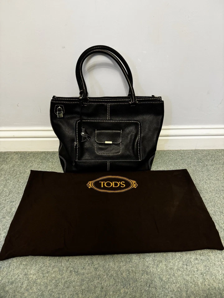 Authentic Tod’s Black Leather Tote Bag With Contrast White Stitches And Dust Bag - Image 2 of 4