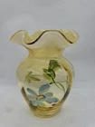 Fenton Blue Daisy On Silken Sand Ruffled Vase 5” No Damage Hand Painted Signed