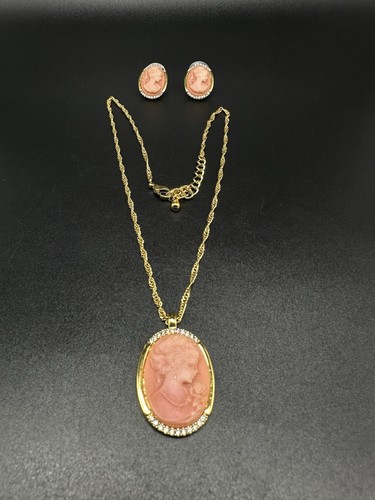 Victorian Academia Aesthetic CAMEO Gold Plated Necklace 18” & Earring Set - Picture 3 of 16