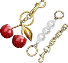 Glitter Cherry Gold Tone Bag Charm Keychain for Purse