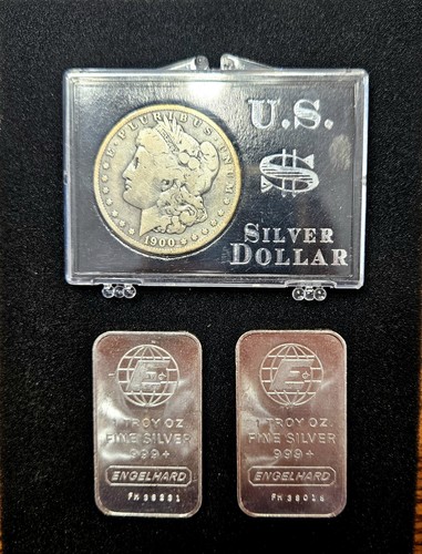1900-O Morgan Silver Dollar in Holder plus 2 Engelhard One oz. Bars. 140B