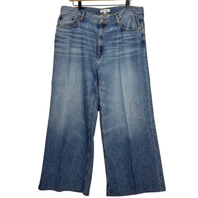 RE/DONE Low Rider Jeans Size 31 Blue Denim Zip Fly Loose Faded Whisker Wide Leg 