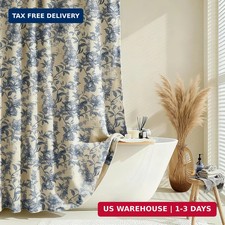 Farmhouse Blue Floral Shower Curtain with 12 Clear Rings, Fabric Faux Linen Show
