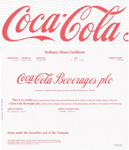 Coca-Cola Beverages plc (Coke) - 2000 dated Great Britain Stock Certificate -