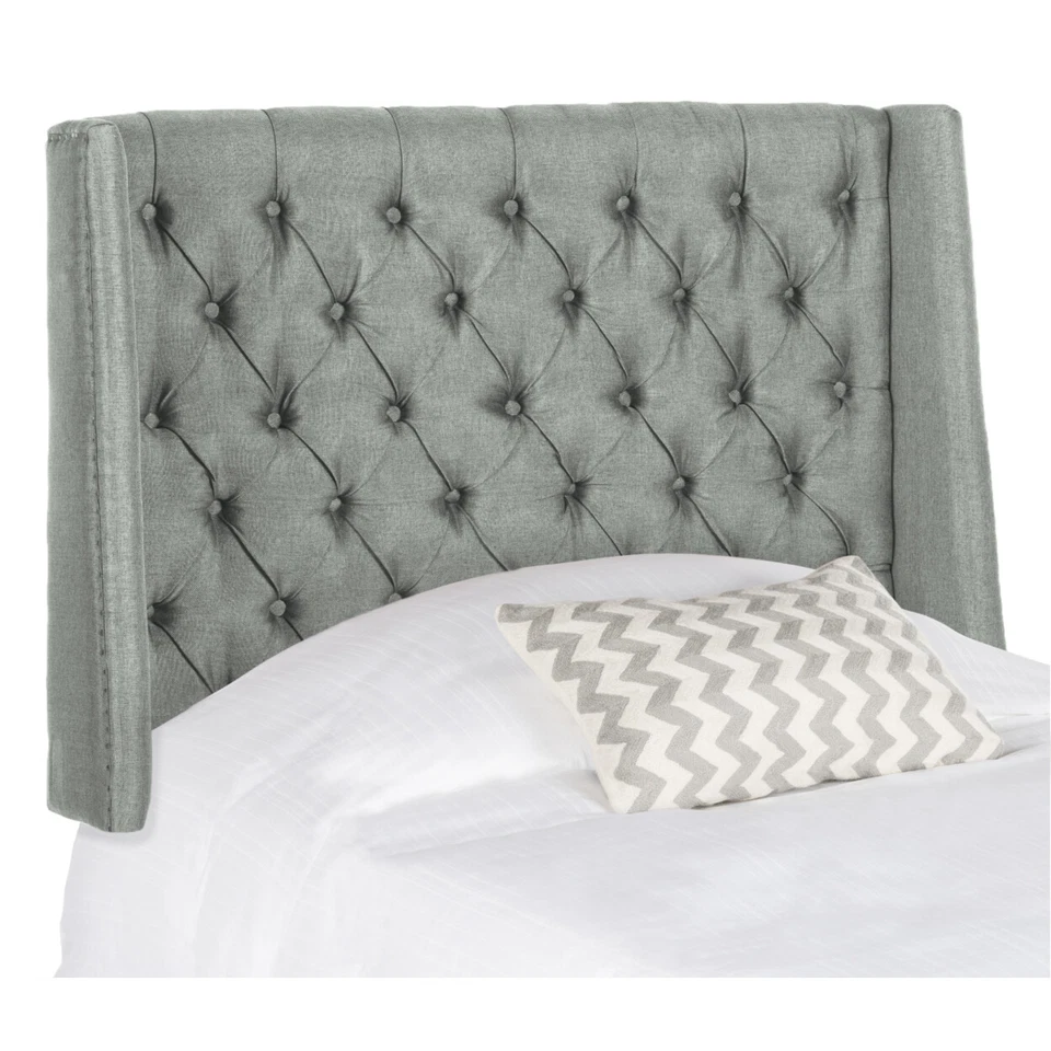 SAFAVIEH London Linen Tufted Winged Headboard Flat Nail Head | Grey | Twin | - Image 4 of 4