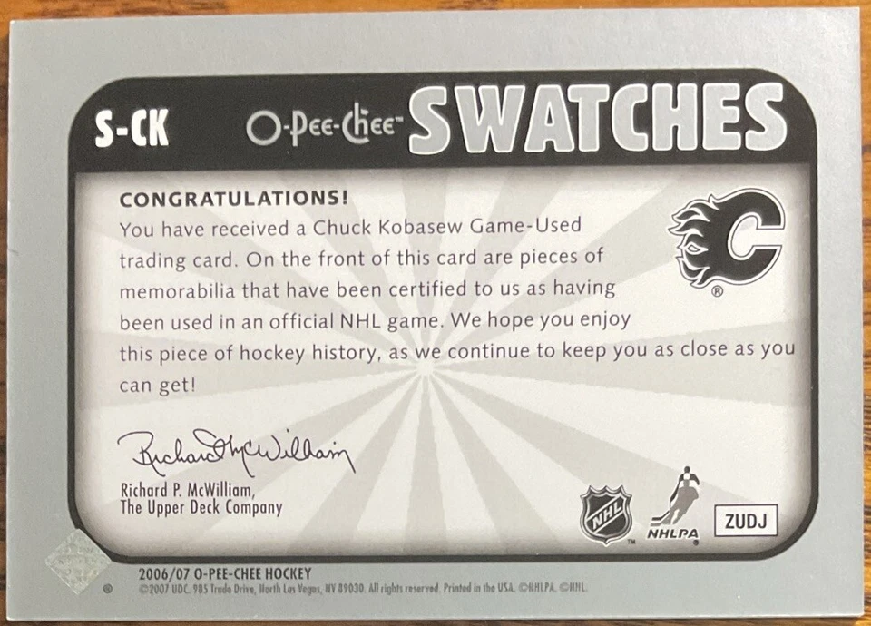 2006-07 O-Pee-Chee Swatches Chuck Kobasew #S-CK Calgary Flames - Image 2 of 2