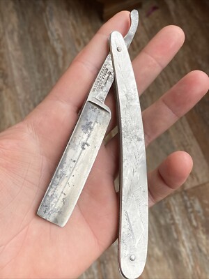 19th C Wade & Butcher B Arrow + Sheffield Straight Razor Hollow Engraved Handle